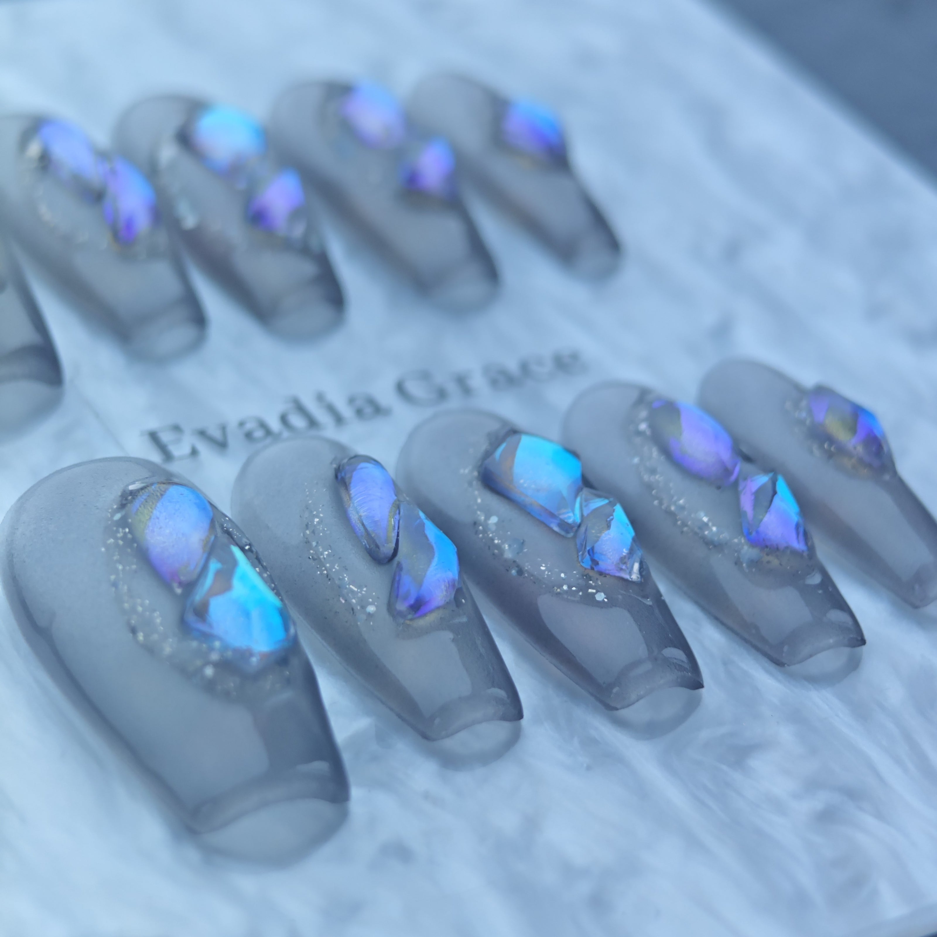 Gray Matte Press-On Nails with Iridescent Shattered Glass Effect