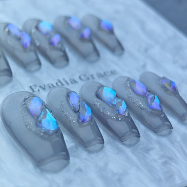 Gray Matte Press-On Nails with Iridescent Shattered Glass Effect