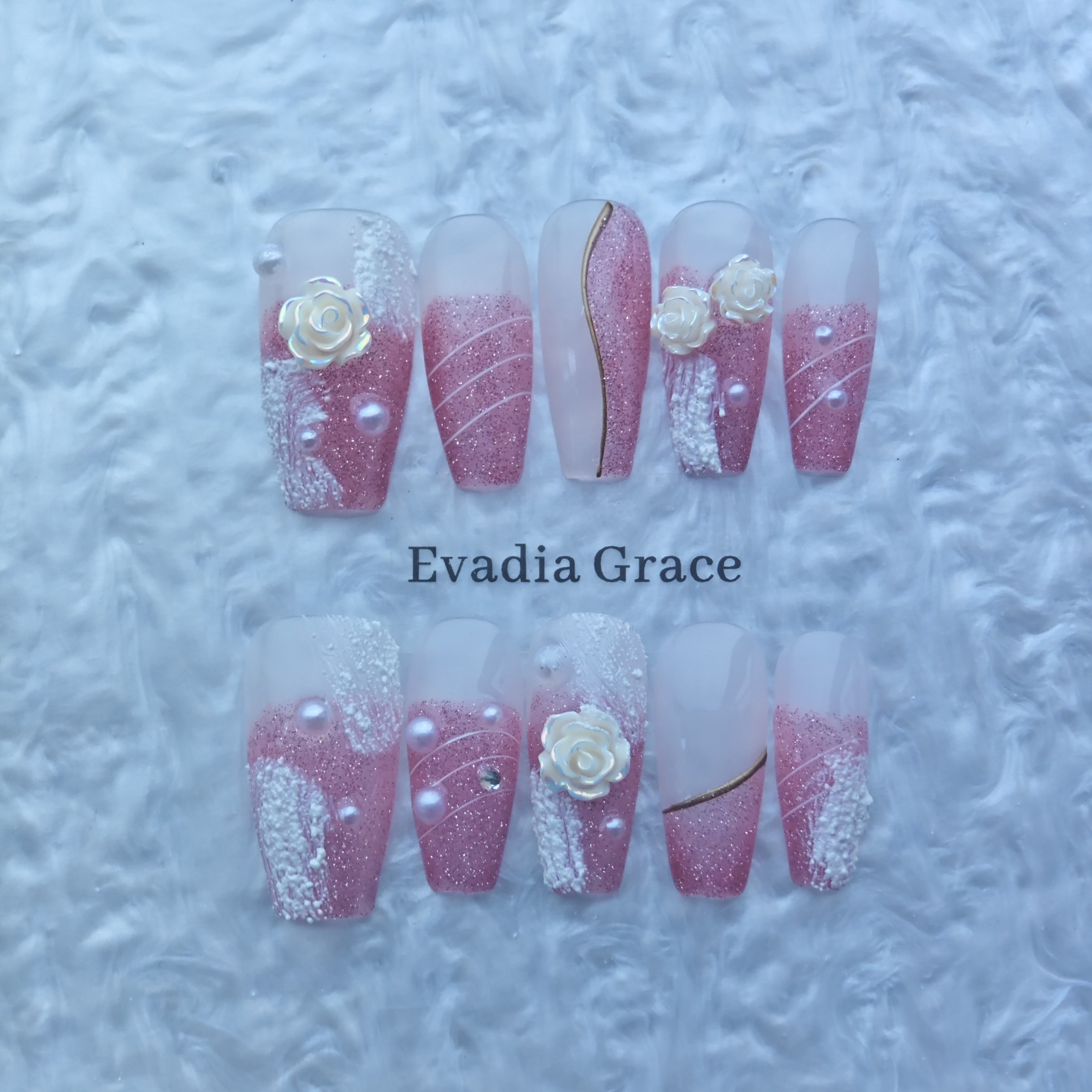Pink Glitter French Press-On Nails with 3D Pearl Rose Design