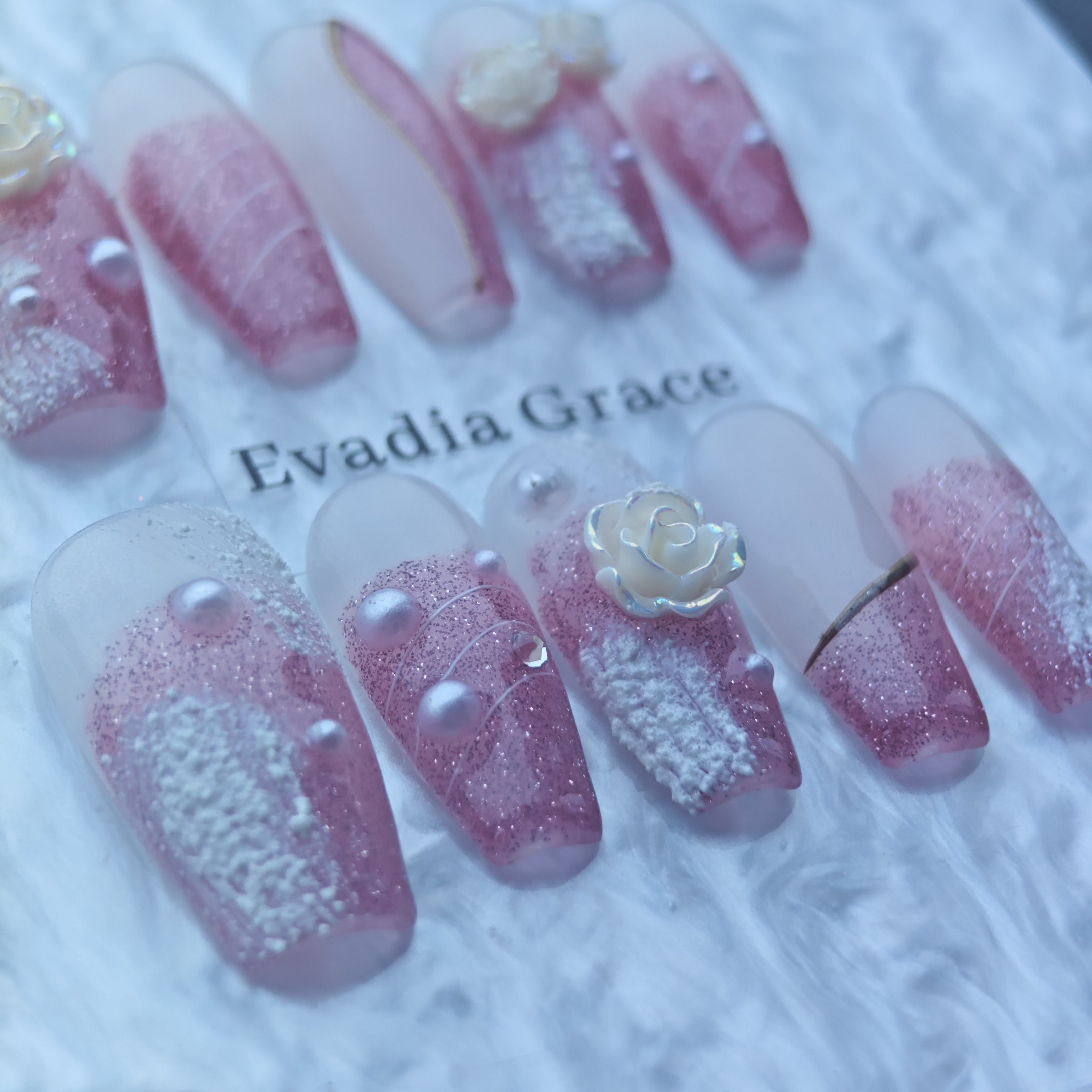 Pink Glitter French Press-On Nails with 3D Pearl Rose Design