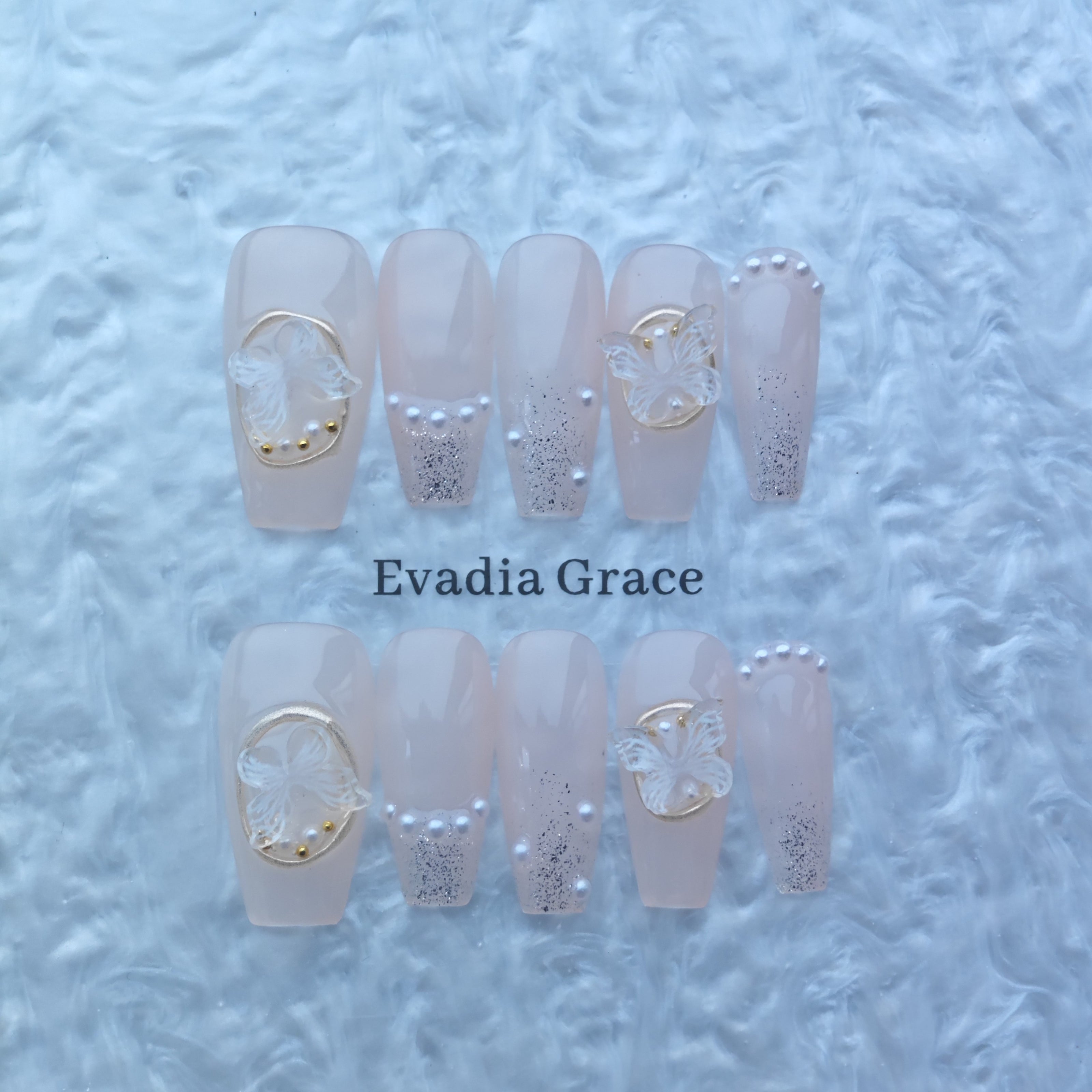Elegant Butterfly Pearl Nude Press-On Nails