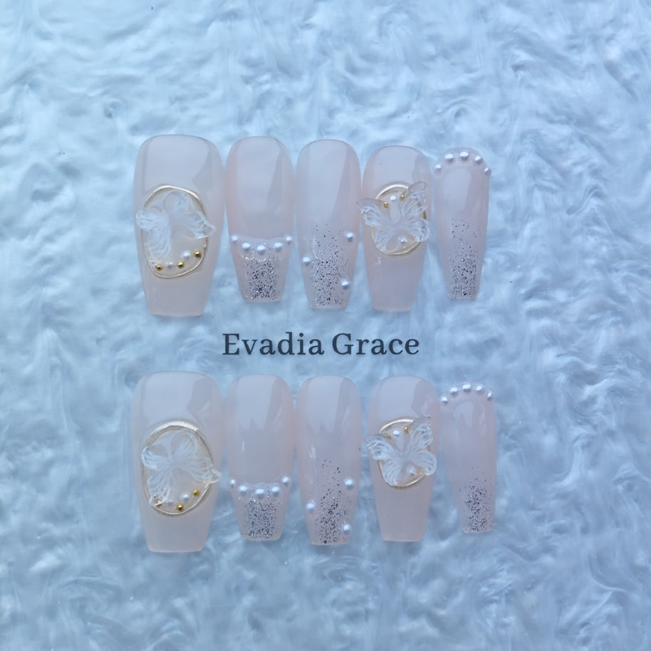 Elegant Butterfly Pearl Nude Press-On Nails