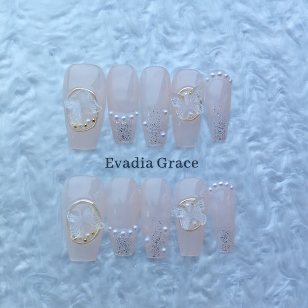 Elegant Butterfly Pearl Nude Press-On Nails