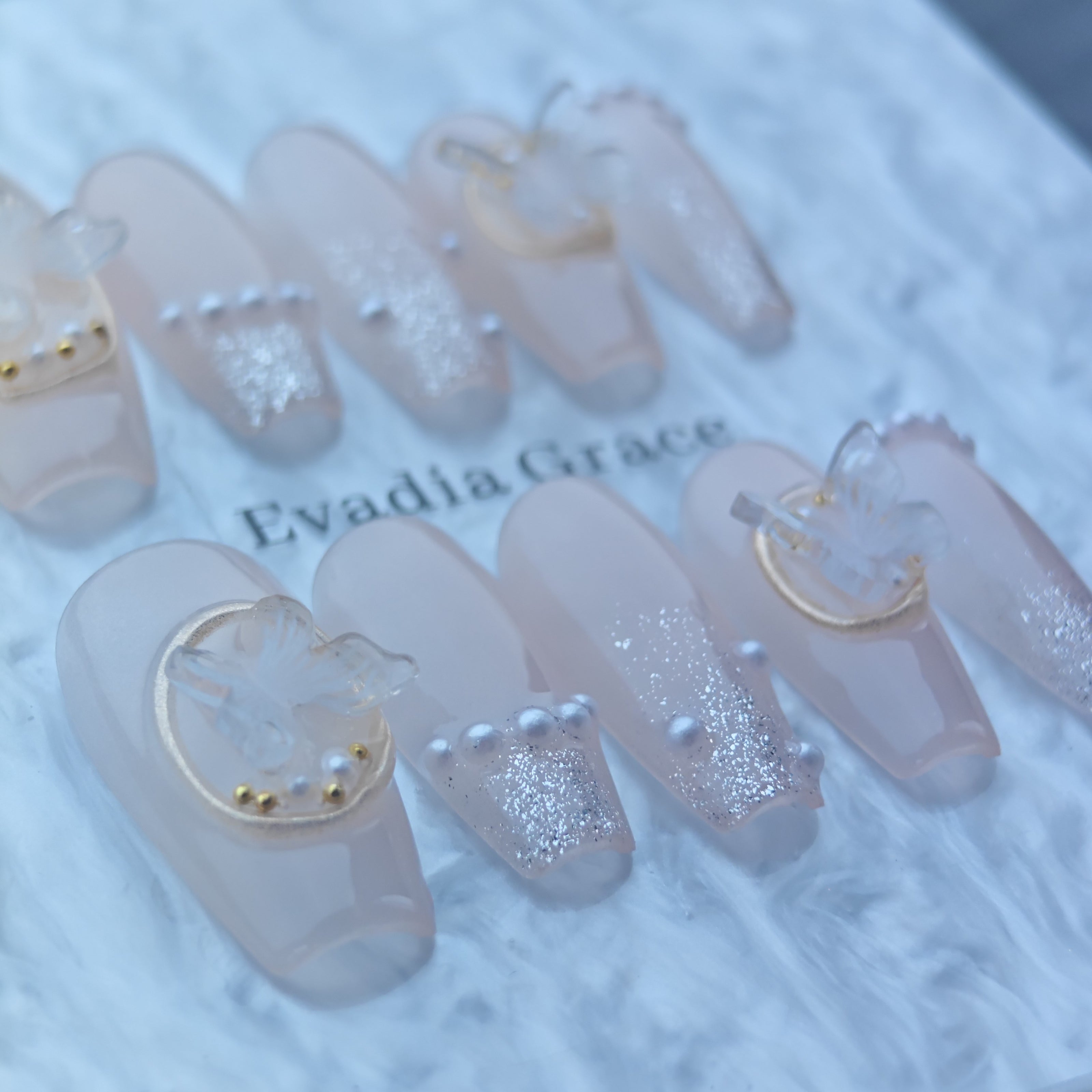 Elegant Butterfly Pearl Nude Press-On Nails
