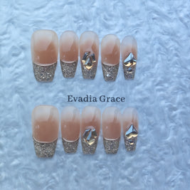 Elegant Glitter French Tip Press-On Nails with Crystal Accents