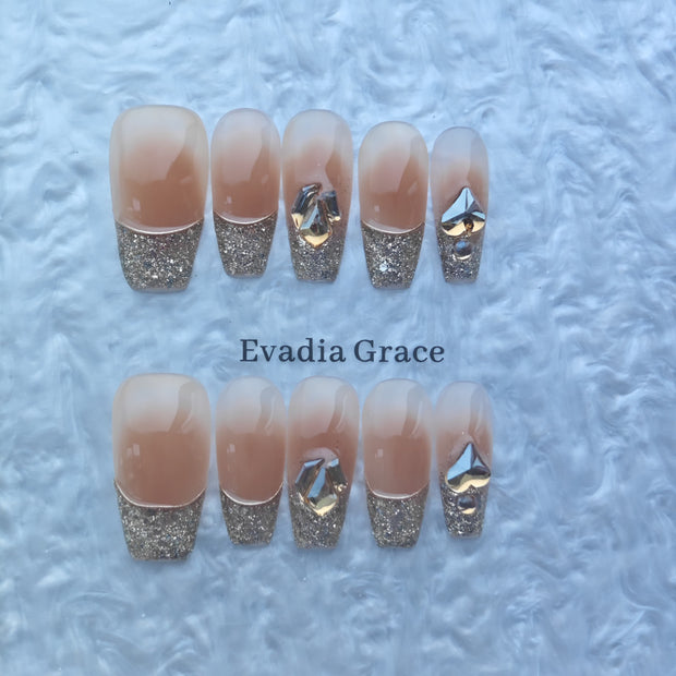 Elegant Glitter French Tip Press-On Nails with Crystal Accents