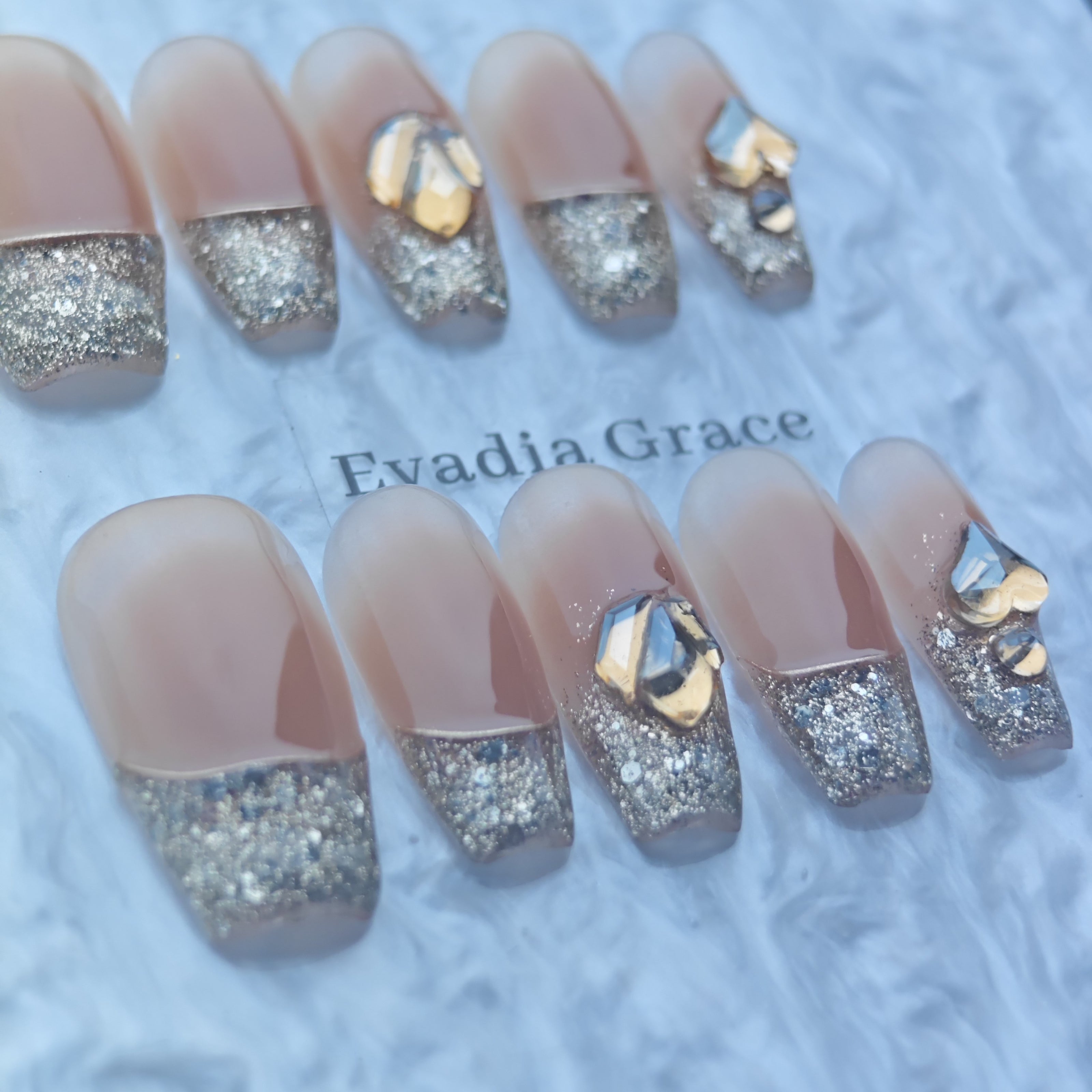 Elegant Glitter French Tip Press-On Nails with Crystal Accents