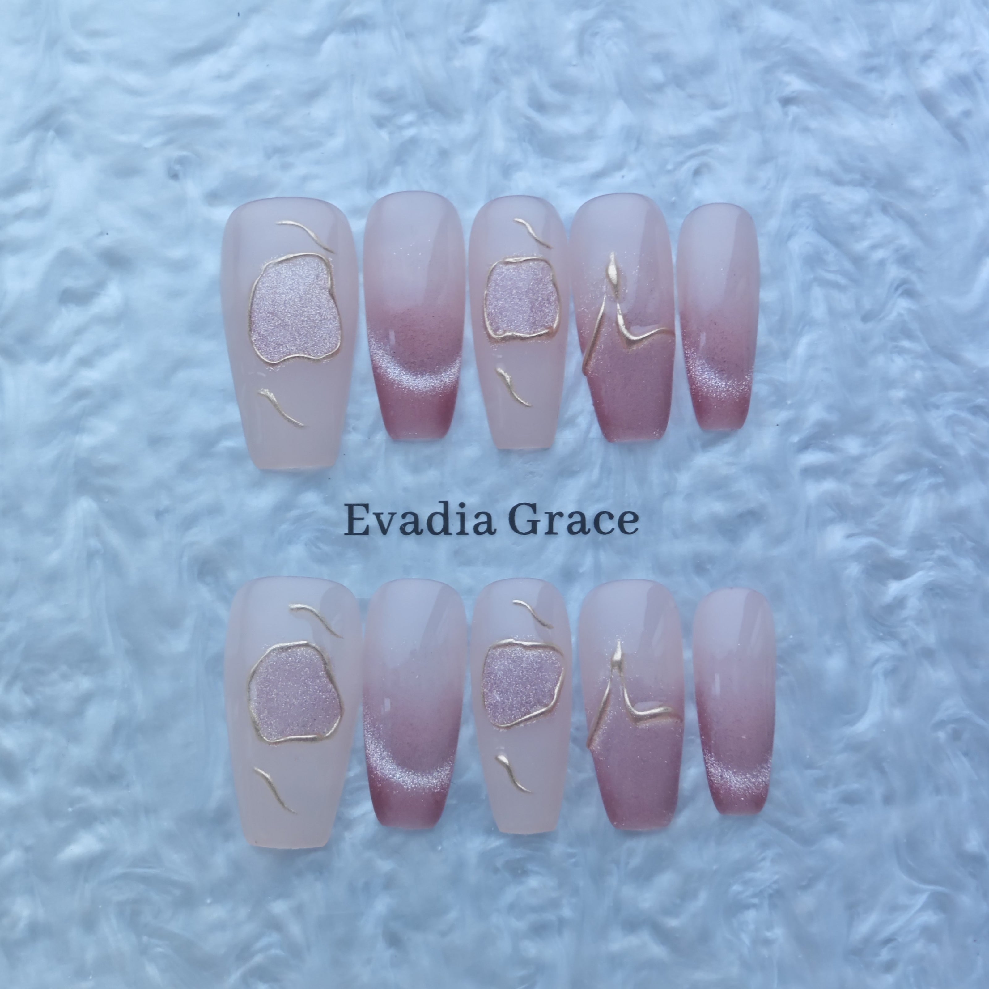 Elegant Nude Pink Gradient Press-On Nails with Gold Line Art
