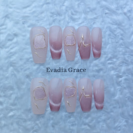 Elegant Nude Pink Gradient Press-On Nails with Gold Line Art