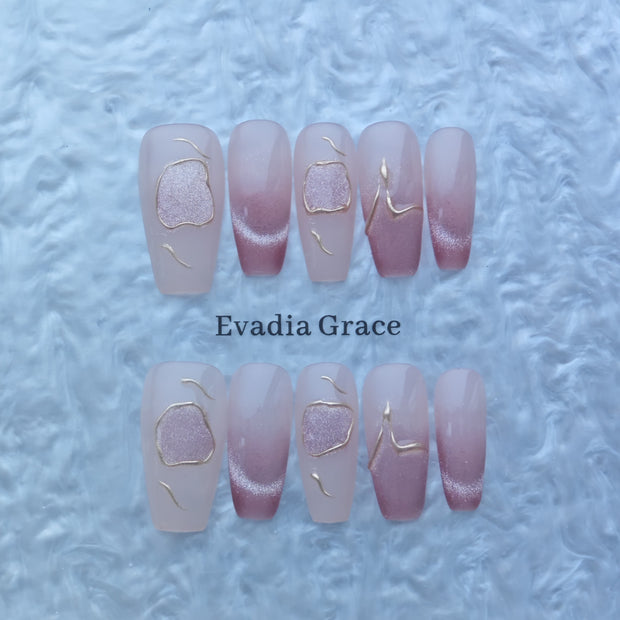 Elegant Nude Pink Gradient Press-On Nails with Gold Line Art