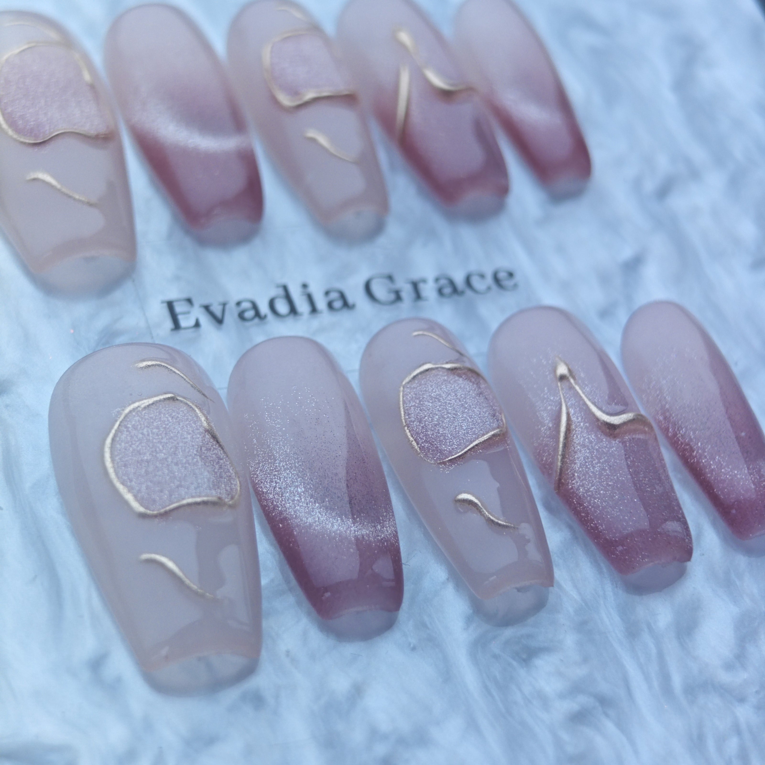 Elegant Nude Pink Gradient Press-On Nails with Gold Line Art