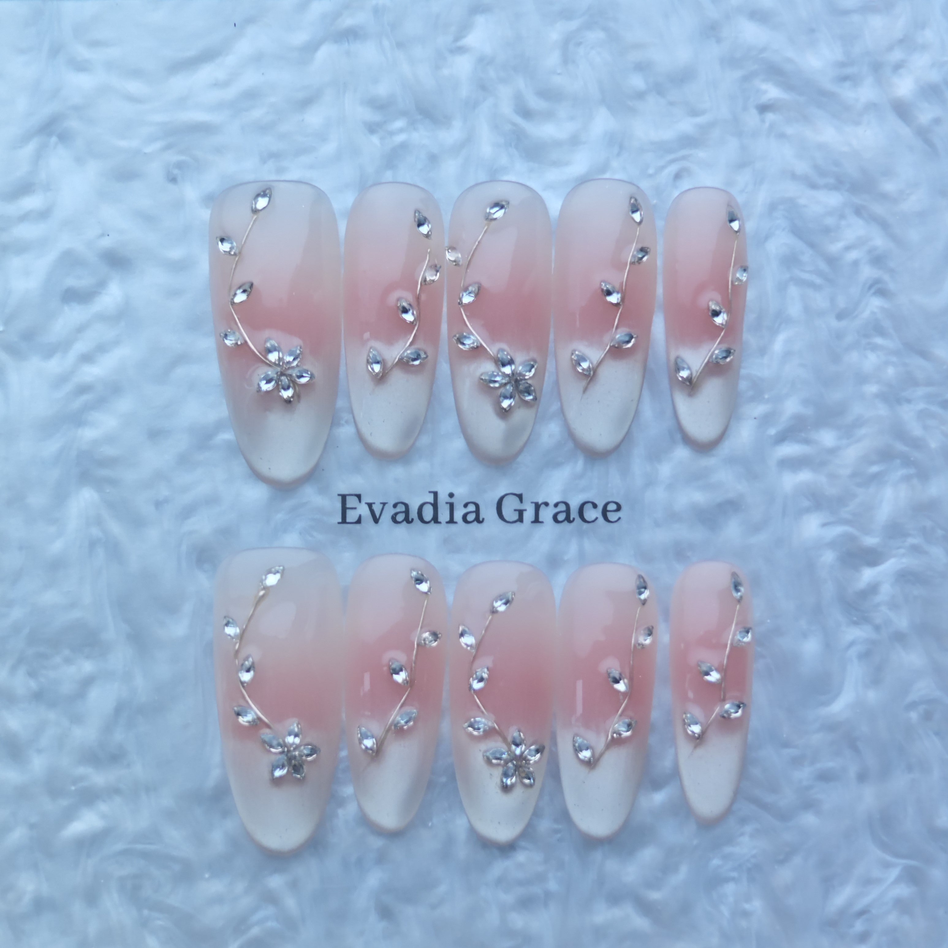 Elegant Pink Gradient Floral Press-On Nails with Crystal Accents