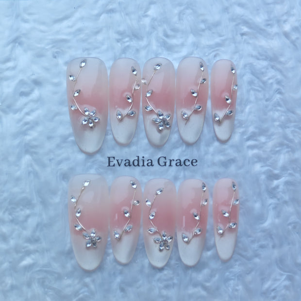 Elegant Pink Gradient Floral Press-On Nails with Crystal Accents