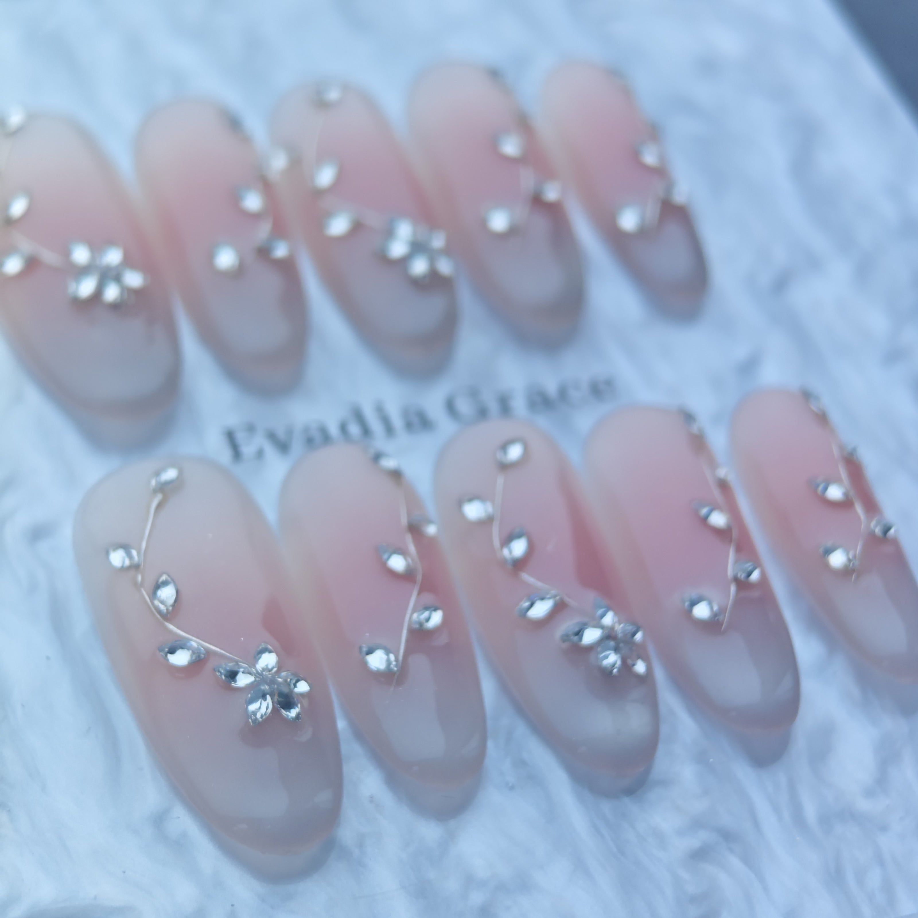 Elegant Pink Gradient Floral Press-On Nails with Crystal Accents