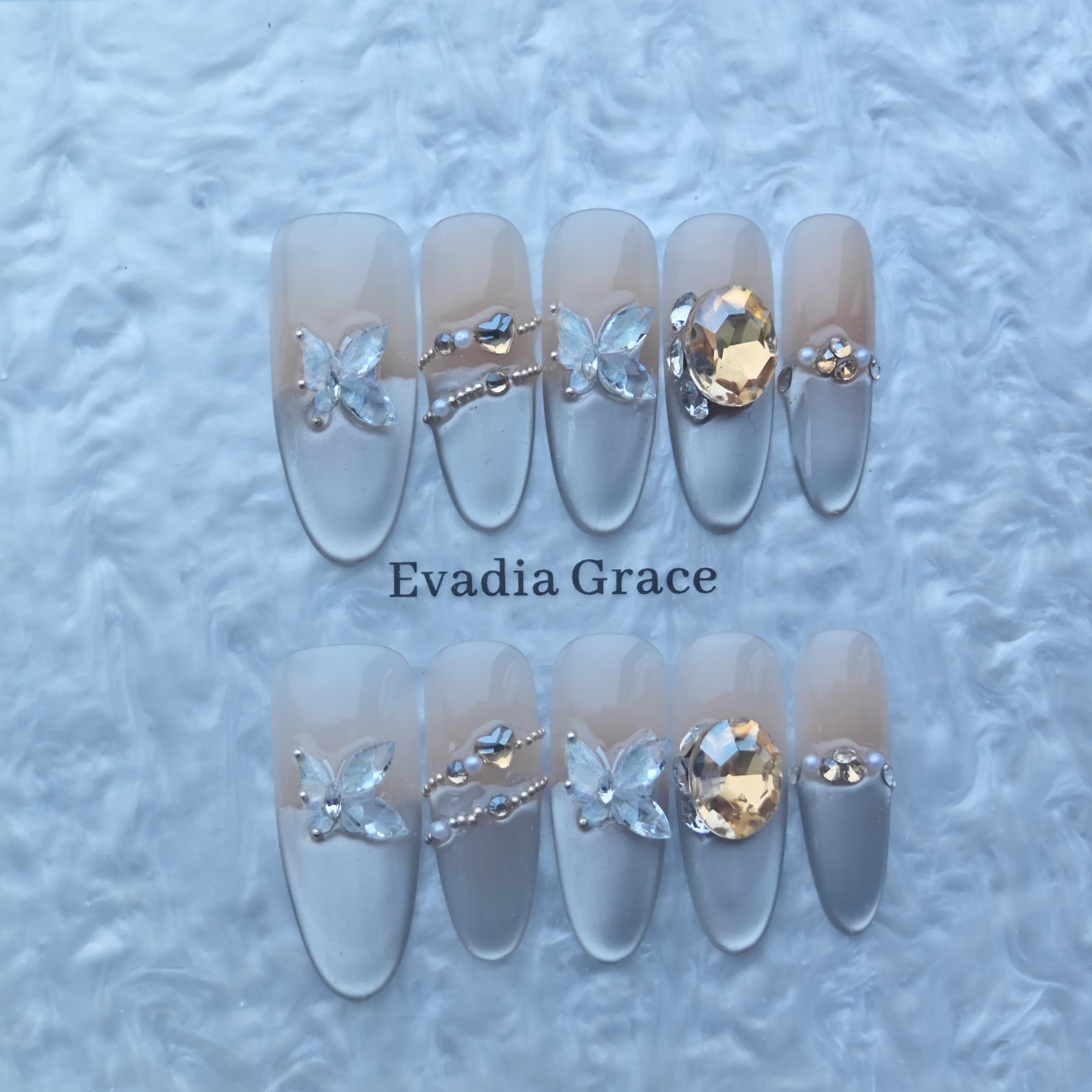 Elegant Butterfly Crystal Press-On Nails with Champagne Gemstone