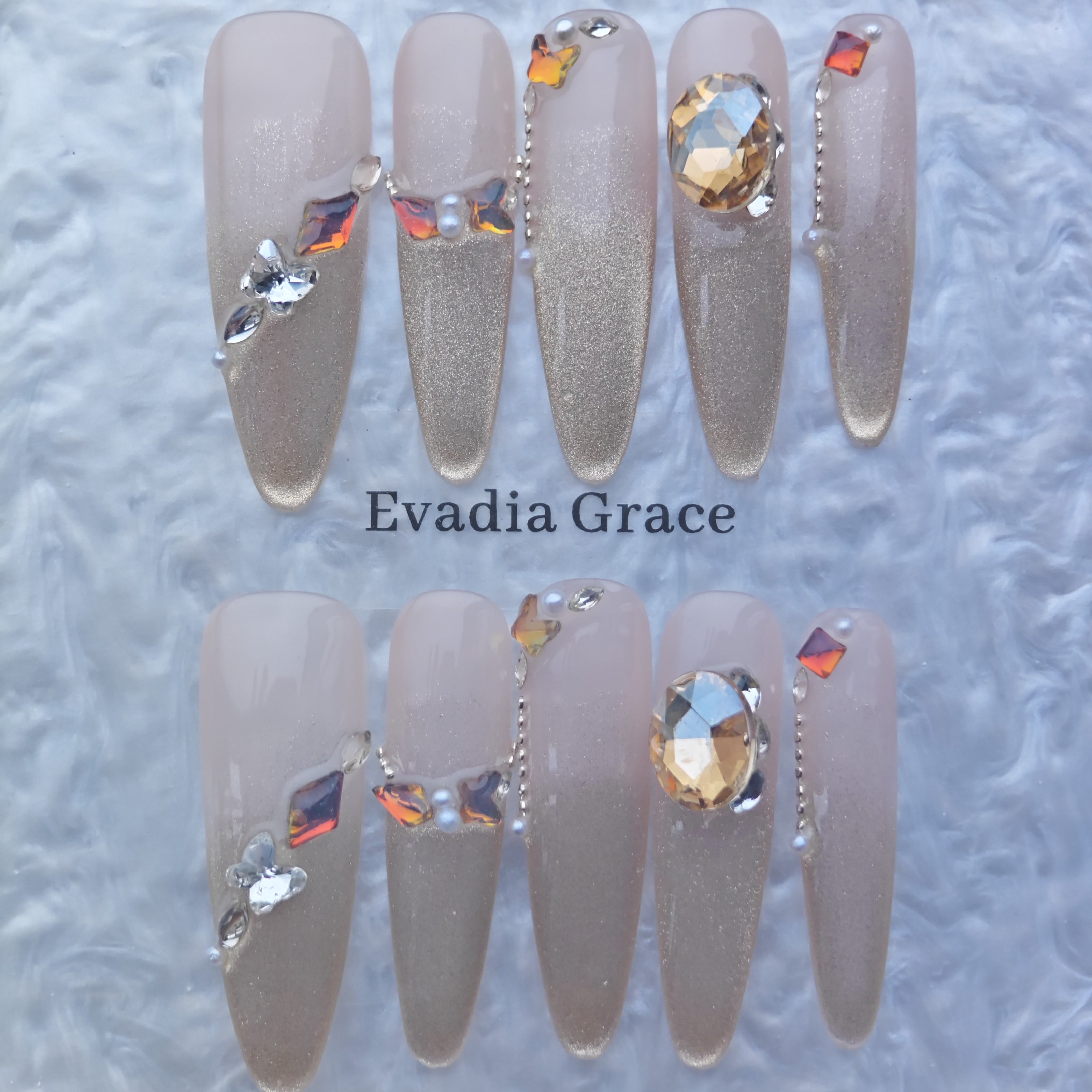 Gold Ombre Press-On Nails with Crystal Embellishments