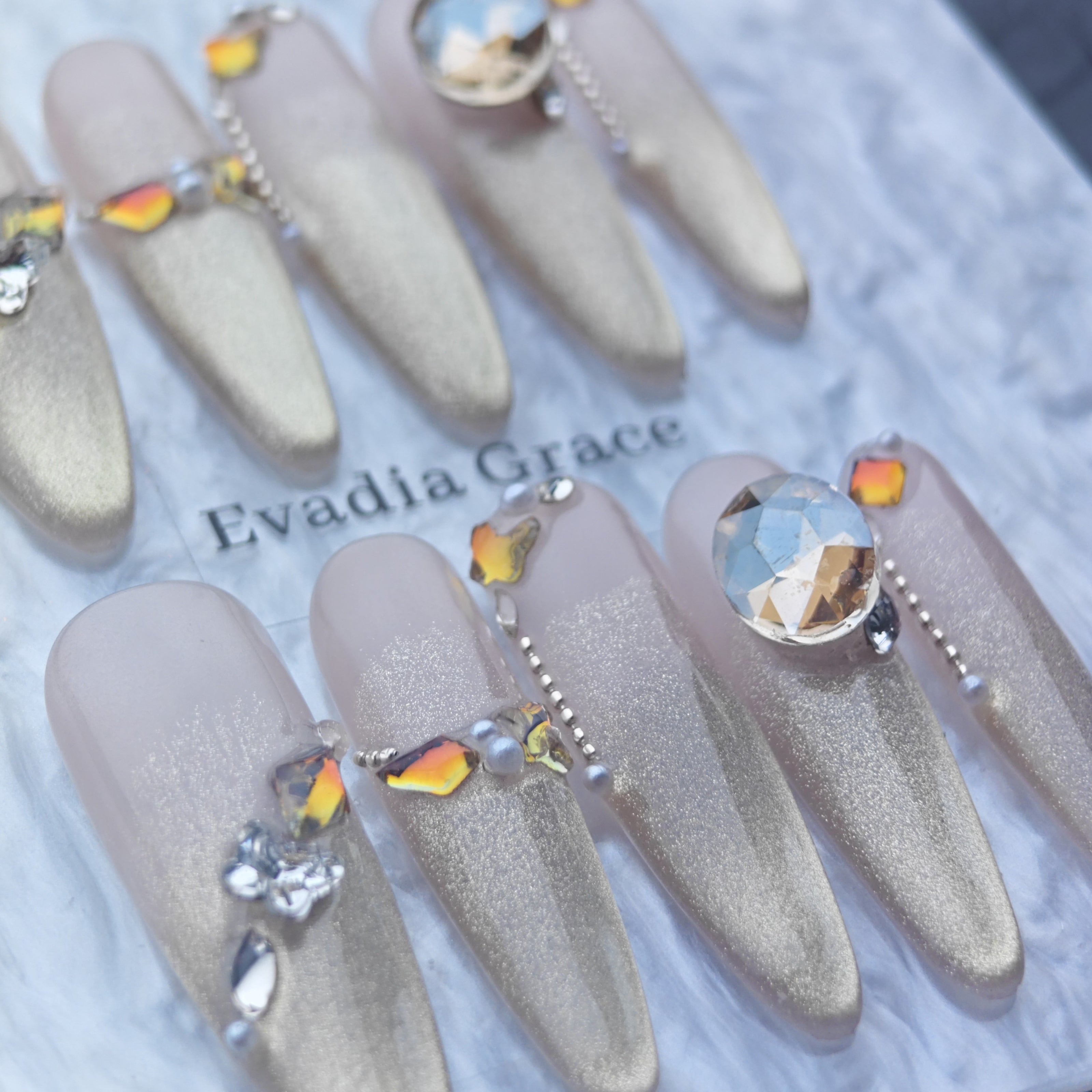 Gold Ombre Press-On Nails with Crystal Embellishments