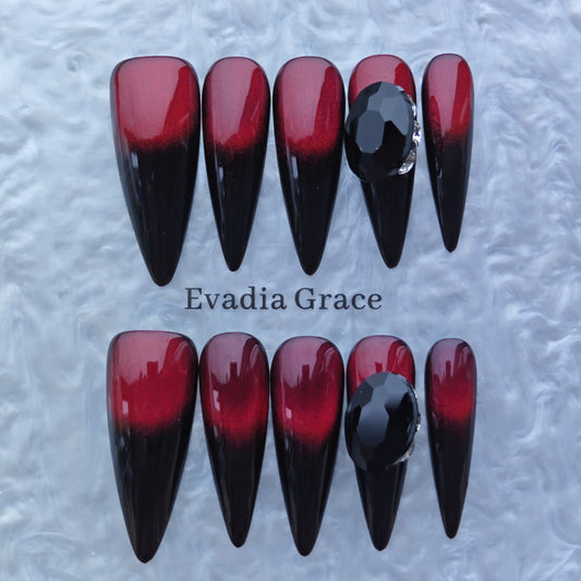 Gothic Red & Black Ombre Stiletto Press-On Nails with Gem Accent