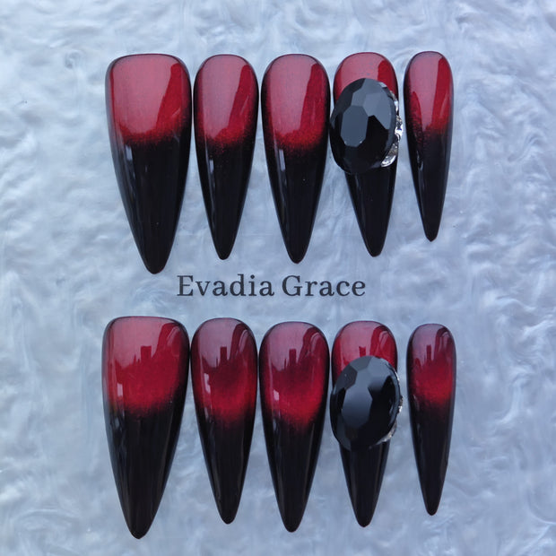 Gothic Red & Black Ombre Stiletto Press-On Nails with Gem Accent