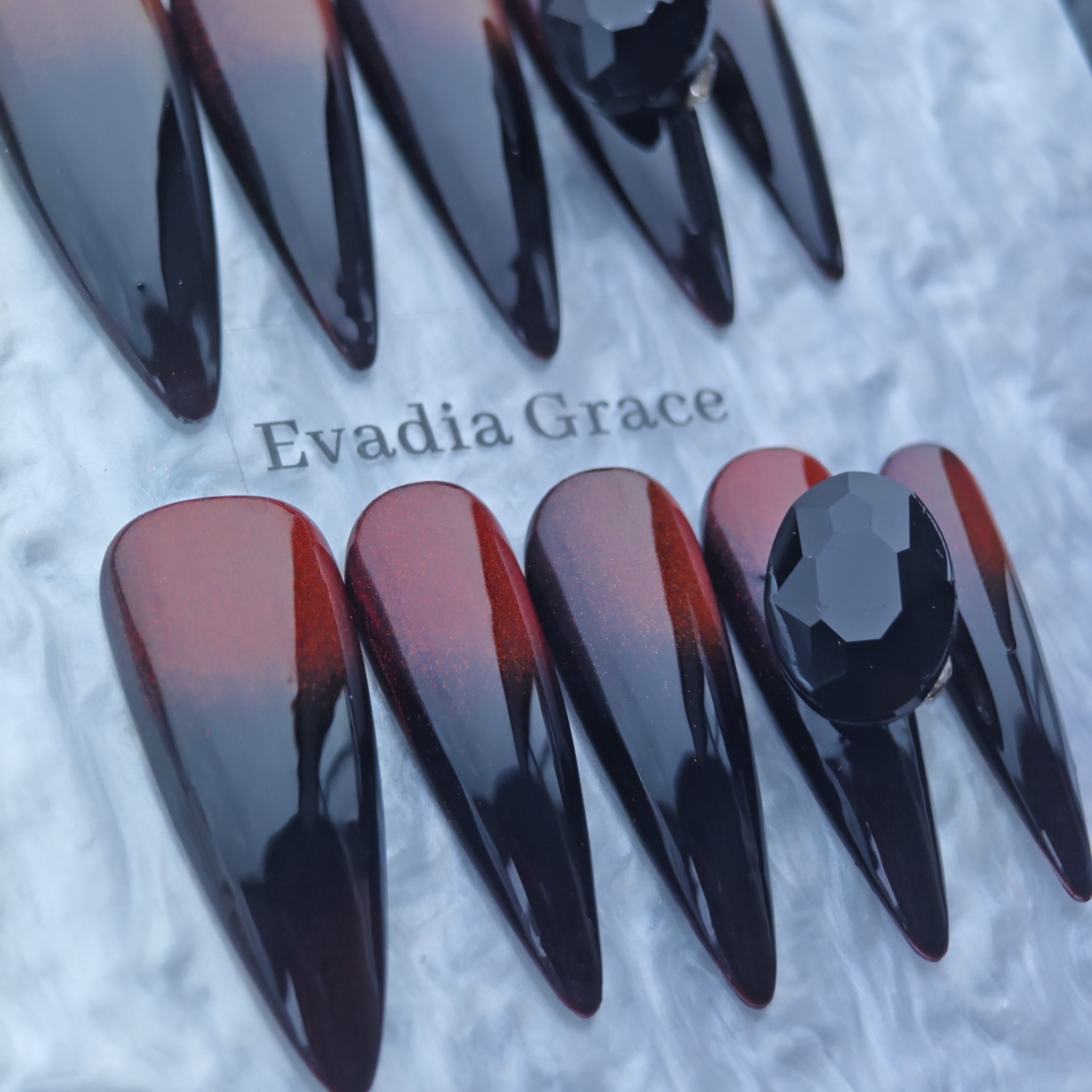 Gothic Red & Black Ombre Stiletto Press-On Nails with Gem Accent