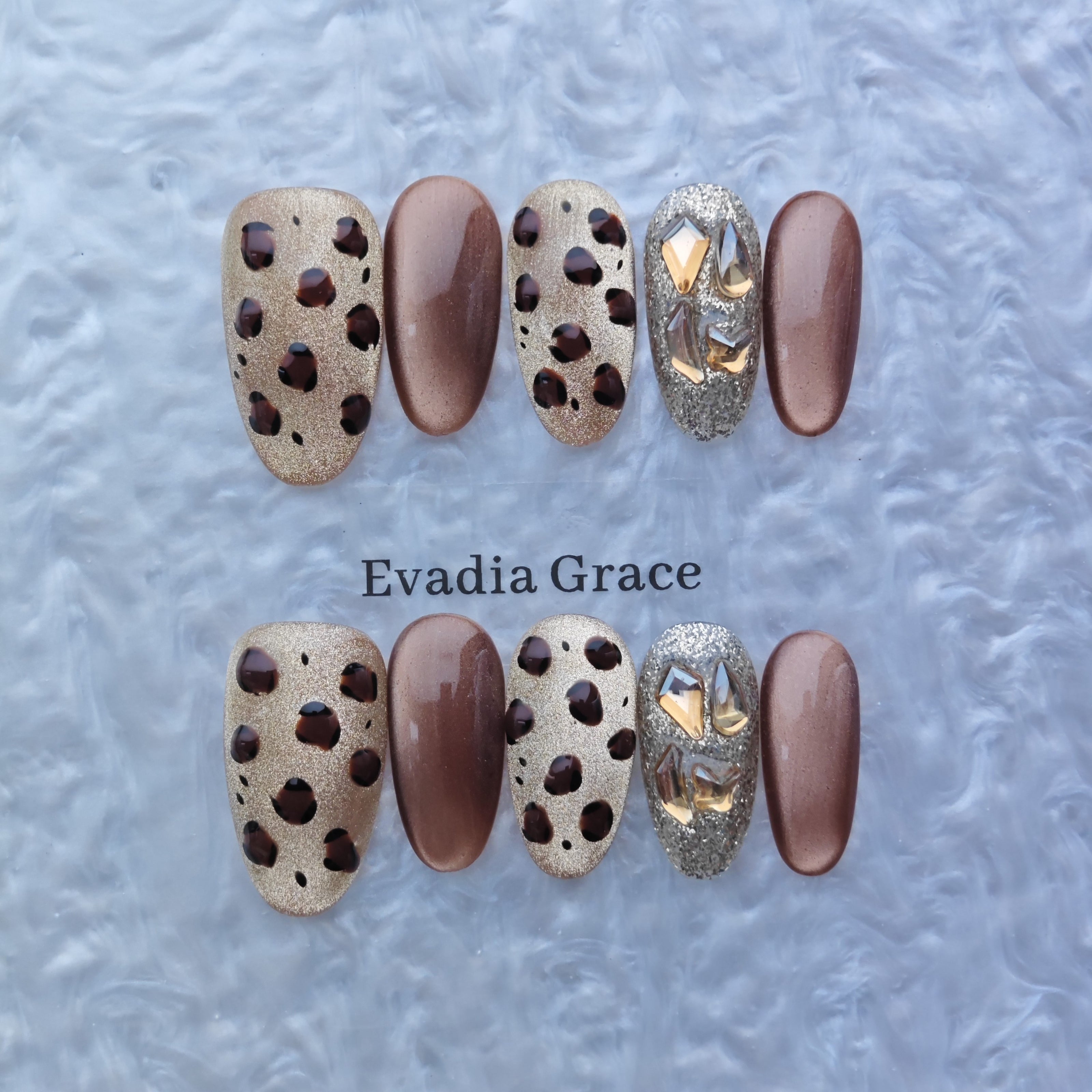 Chic Leopard Print Press-On Nails with Gold & Crystal Accents