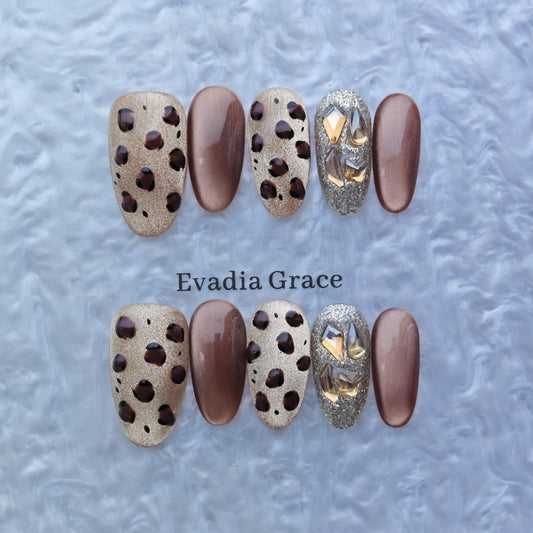 Chic Leopard Print Press-On Nails with Gold & Crystal Accents