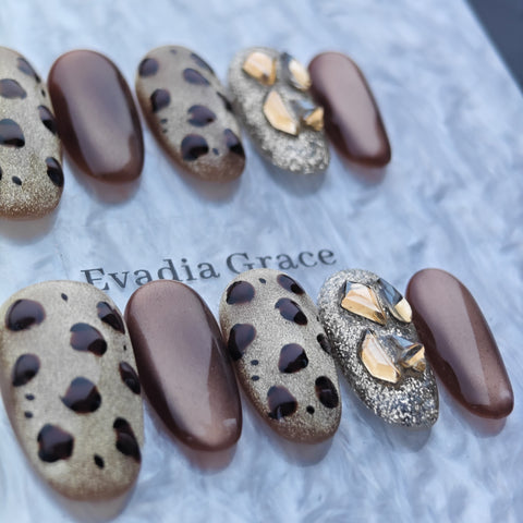 Chic Leopard Print Press-On Nails with Gold & Crystal Accents