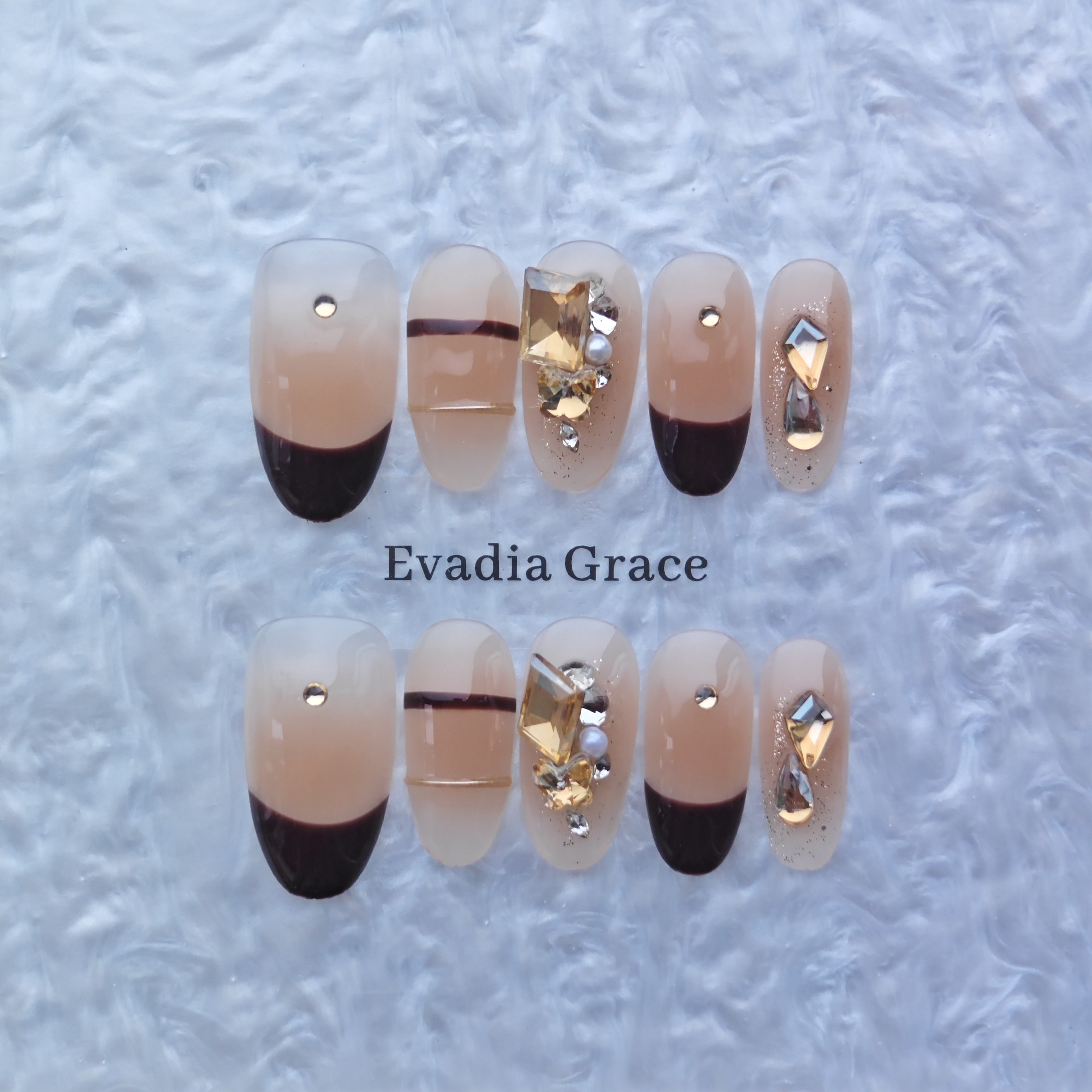 Chic Nude & Black French Tip Press-On Nails with Gold Gem Accents