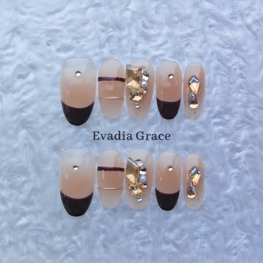 Chic Nude & Black French Tip Press-On Nails with Gold Gem Accents