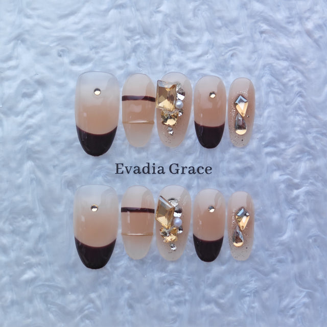 Chic Nude & Black French Tip Press-On Nails with Gold Gem Accents