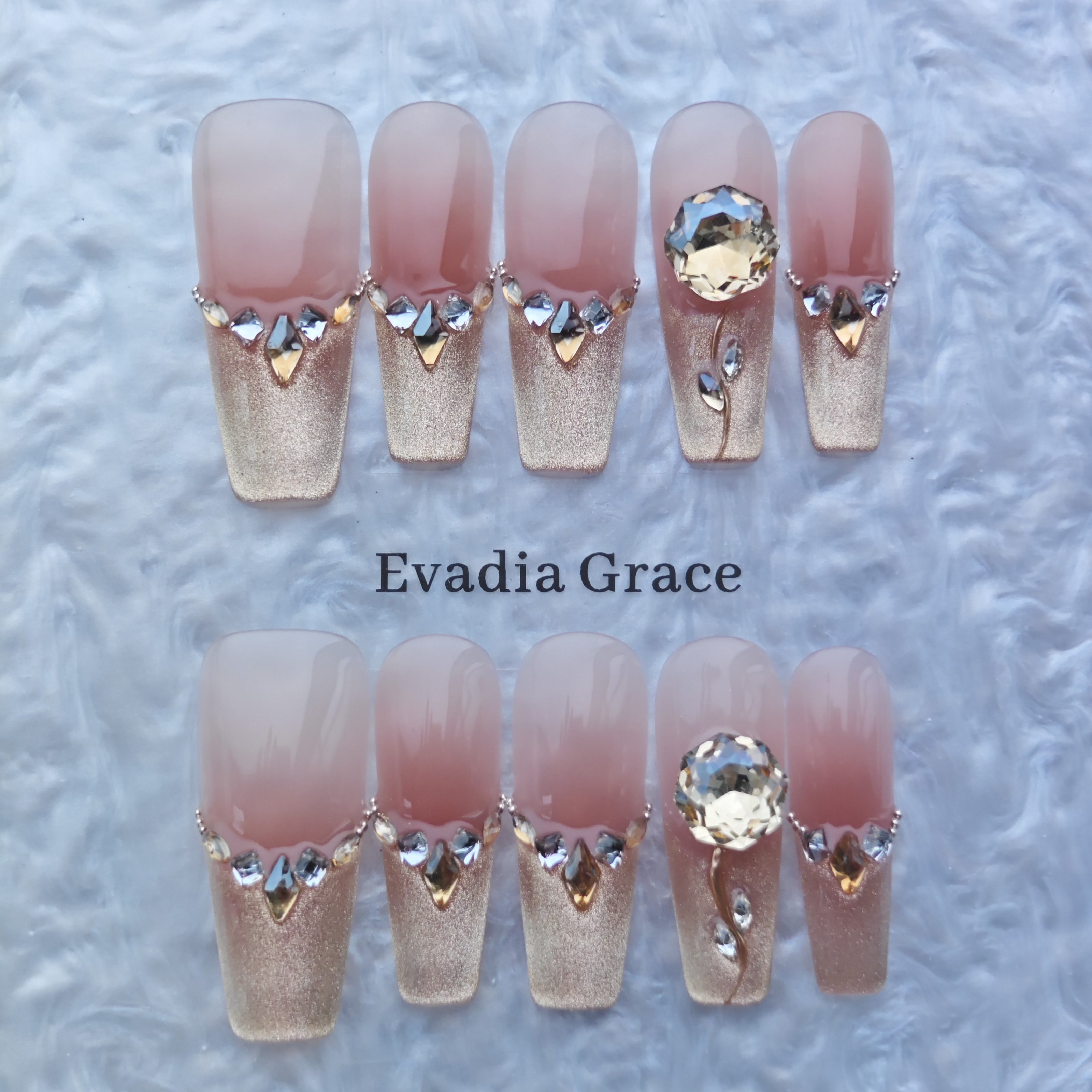 Gold Shimmer French Tip Press-On Nails with Crystal Embellishments