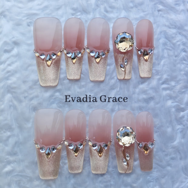 Gold Shimmer French Tip Press-On Nails with Crystal Embellishments