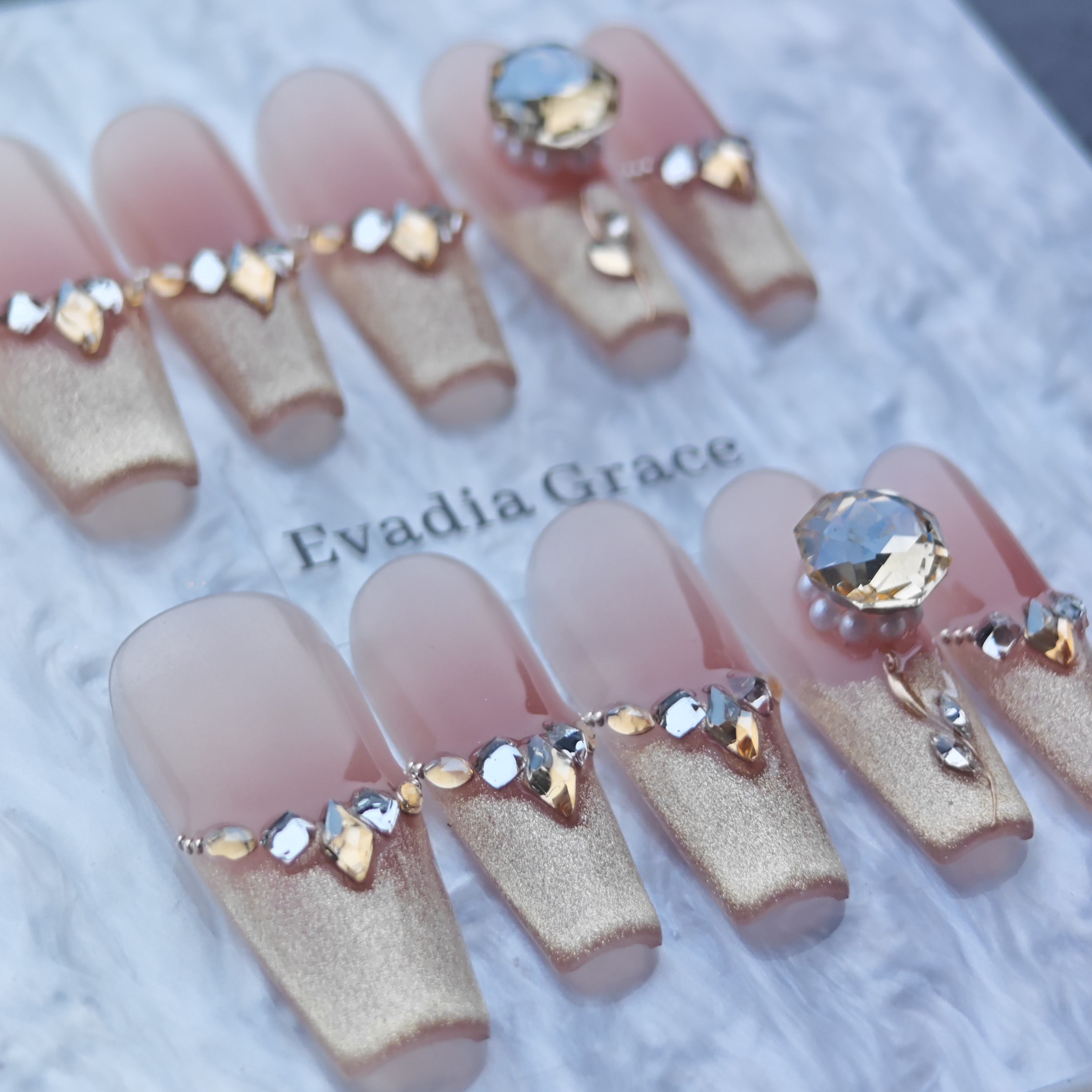 Gold Shimmer French Tip Press-On Nails with Crystal Embellishments