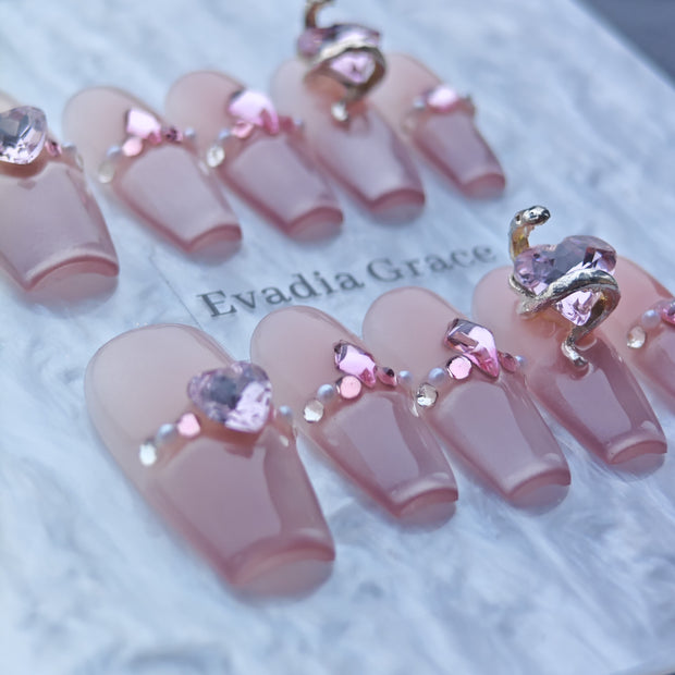 Romantic Pink Crystal Heart Press-On Nails