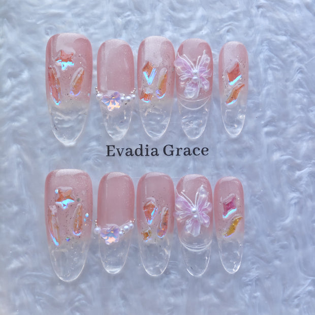 Fairy Pink Butterfly Crystal Press-On Nails