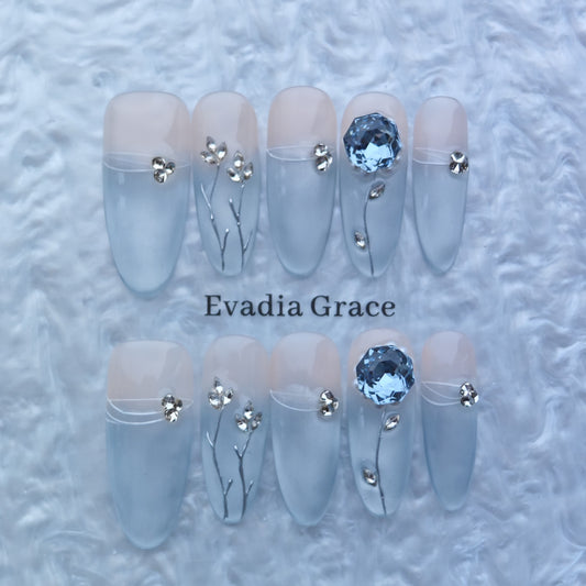 Elegant Blue Crystal Blossom Press-On Nails
