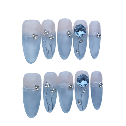 Elegant Blue Crystal Blossom Press-On Nails