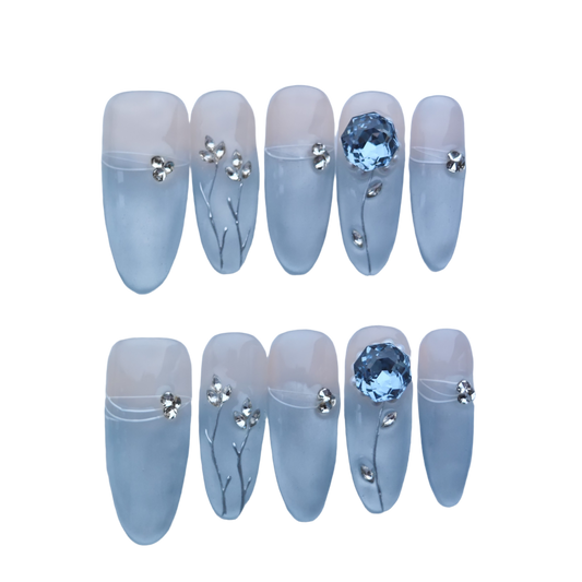 Elegant Blue Crystal Blossom Press-On Nails