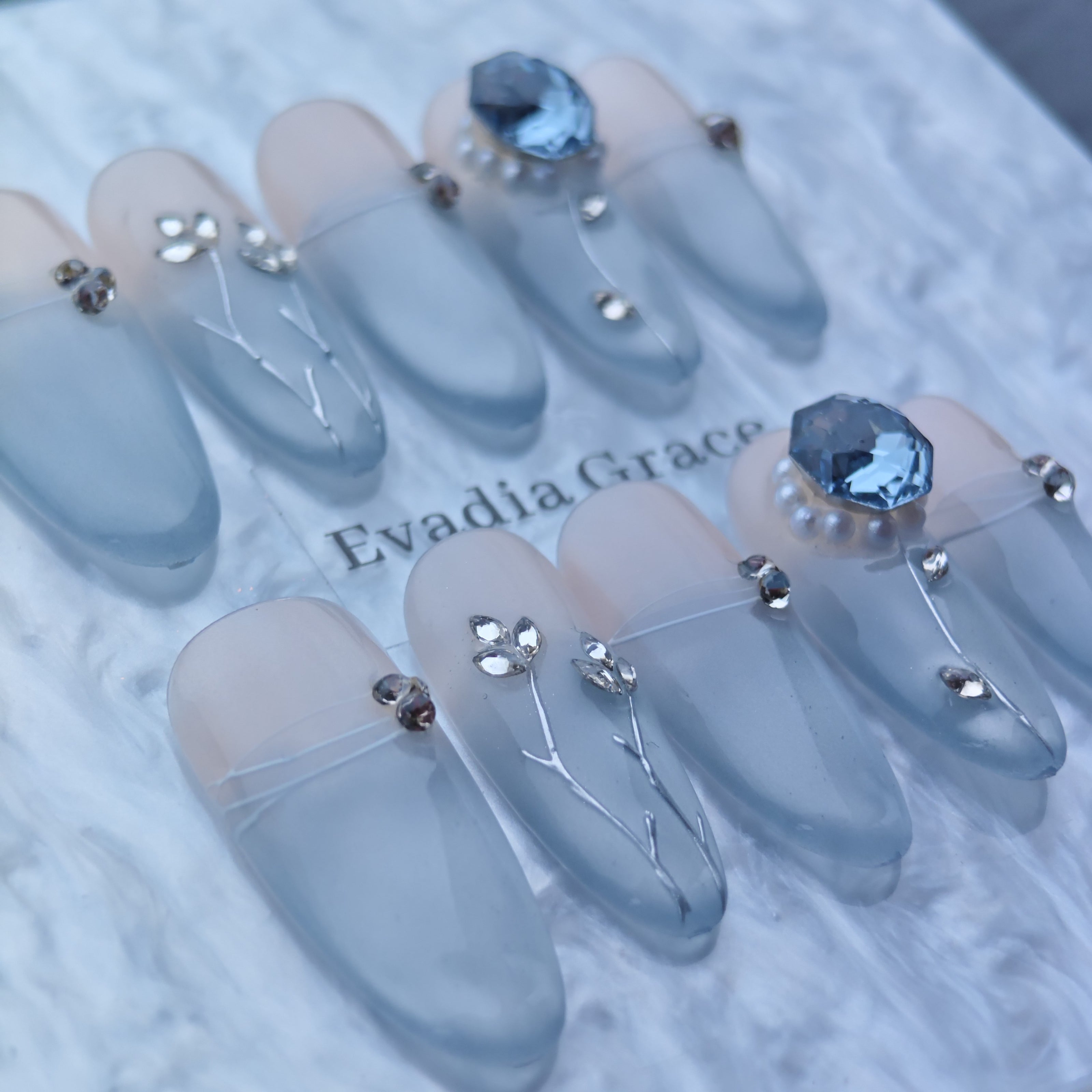 Elegant Blue Crystal Blossom Press-On Nails