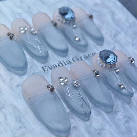 Elegant Blue Crystal Blossom Press-On Nails