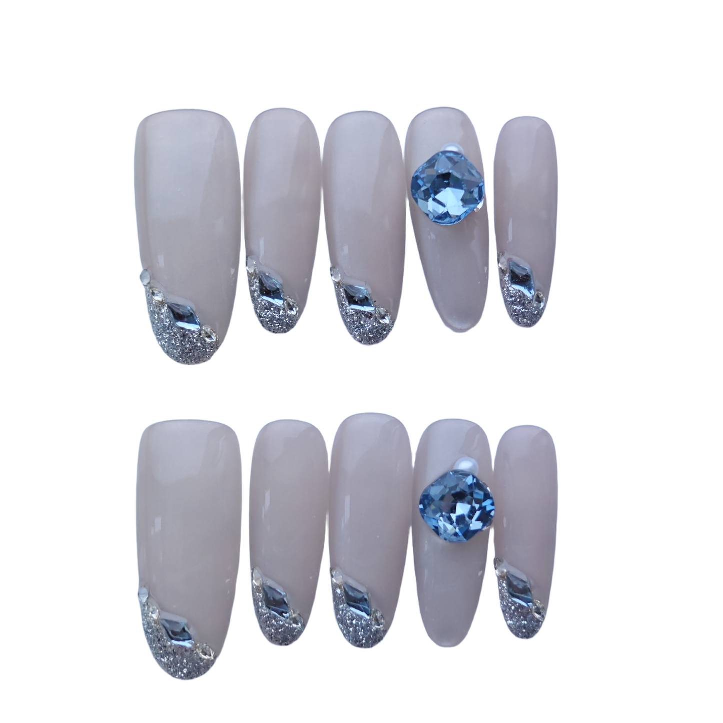 Elegant Nude Press-On Nails with Silver Glitter & Blue Gem Accents
