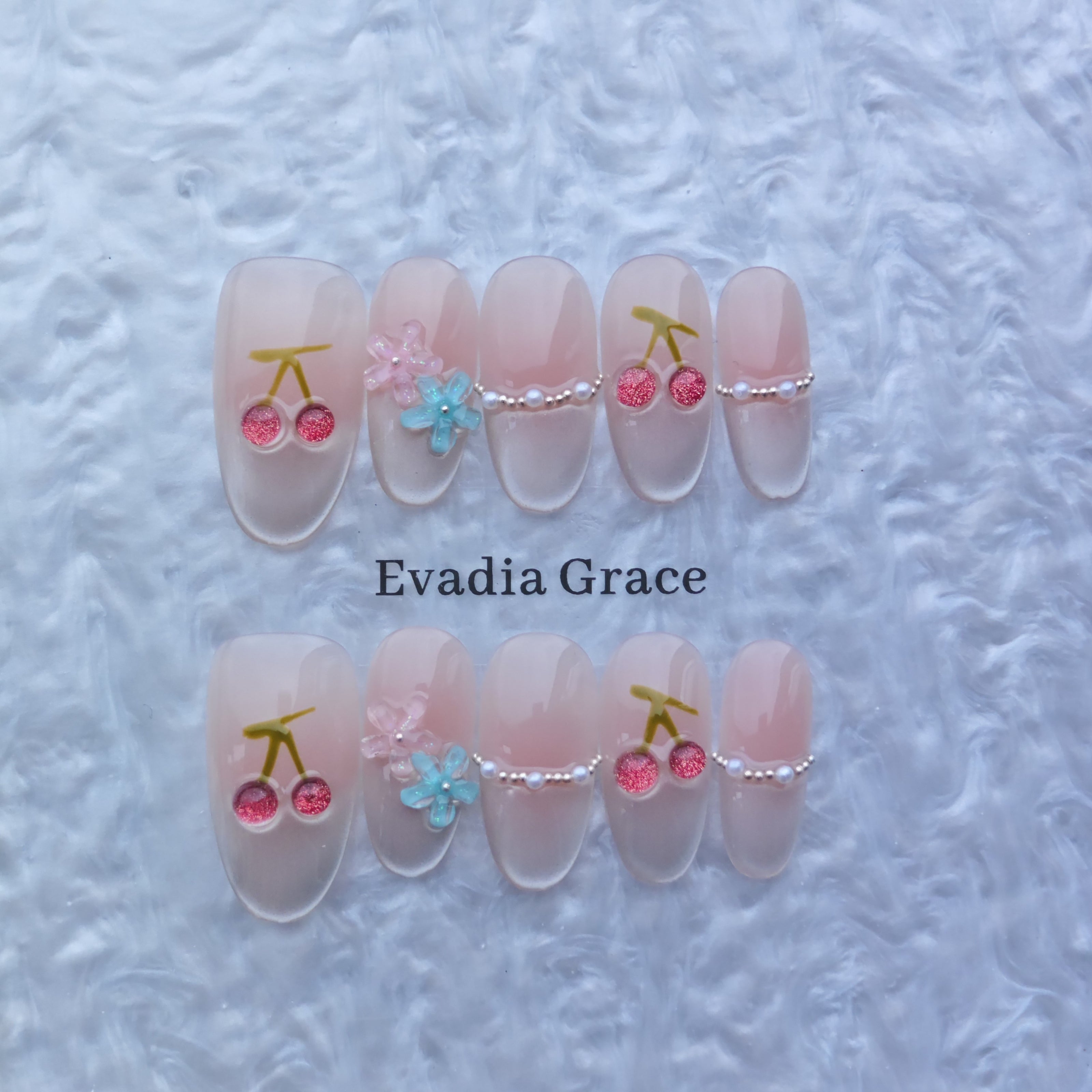 Cute Cherry Blossom Press-On Nails with 3D Flowers & Pearl Accents