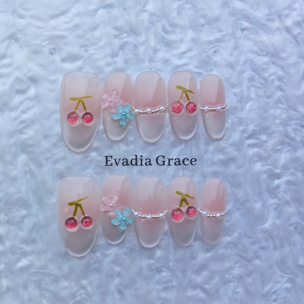 Cute Cherry Blossom Press-On Nails with 3D Flowers & Pearl Accents