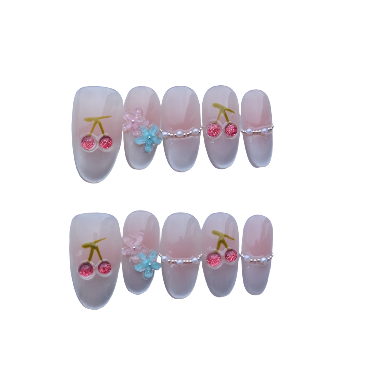Cute Cherry Blossom Press-On Nails with 3D Flowers & Pearl Accents