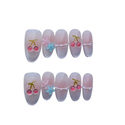 Cute Cherry Blossom Press-On Nails with 3D Flowers & Pearl Accents