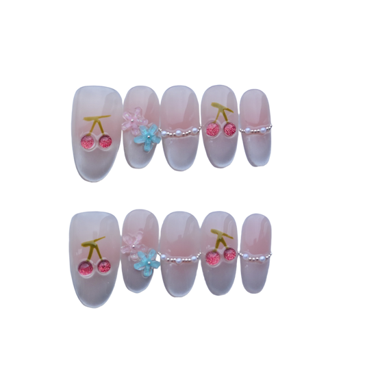 Cute Cherry Blossom Press-On Nails with 3D Flowers & Pearl Accents