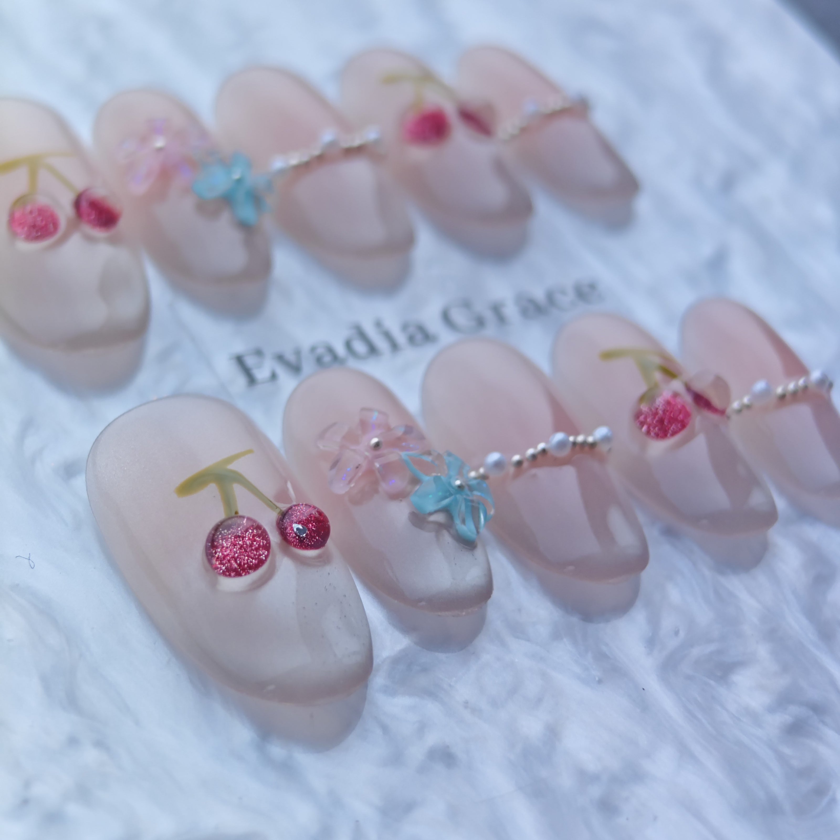 Cute Cherry Blossom Press-On Nails with 3D Flowers & Pearl Accents