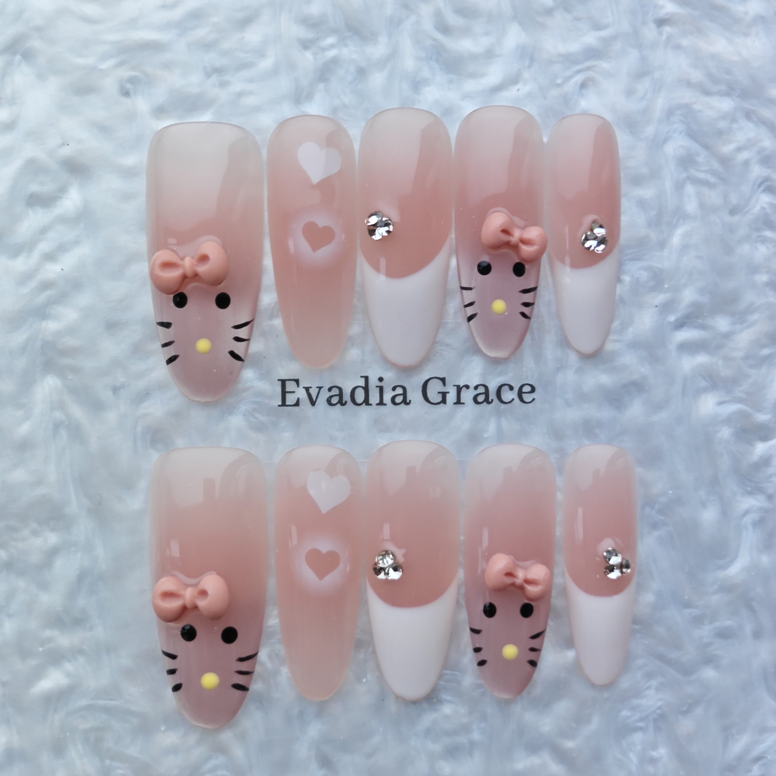 Cute Cartoon Cat Press-On Nails with Bows, Hearts & Rhinestone Accents