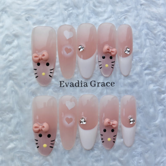 Cute Cartoon Cat Press-On Nails with Bows, Hearts & Rhinestone Accents