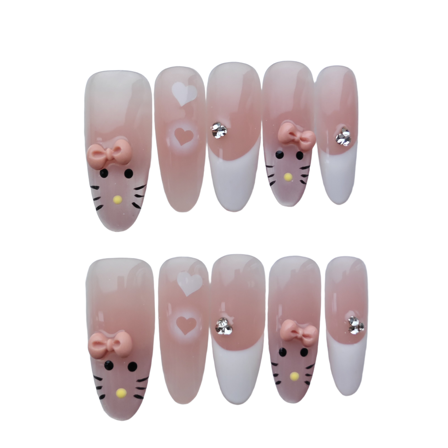 Cute Cartoon Cat Press-On Nails with Bows, Hearts & Rhinestone Accents